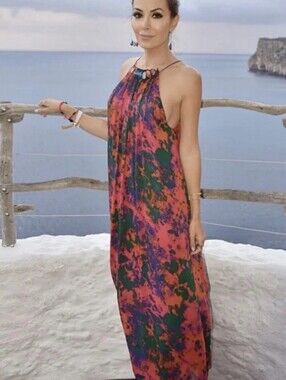 Zara Beaded Multicolor Halter Maxi Dress Size Large NWT